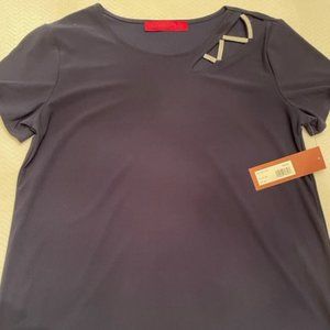 Navy Blue Blouse with cute Gemstone accents Sz MED